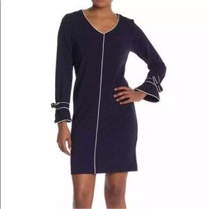 Sharagano Navy Blue Midi Dress with White Accents